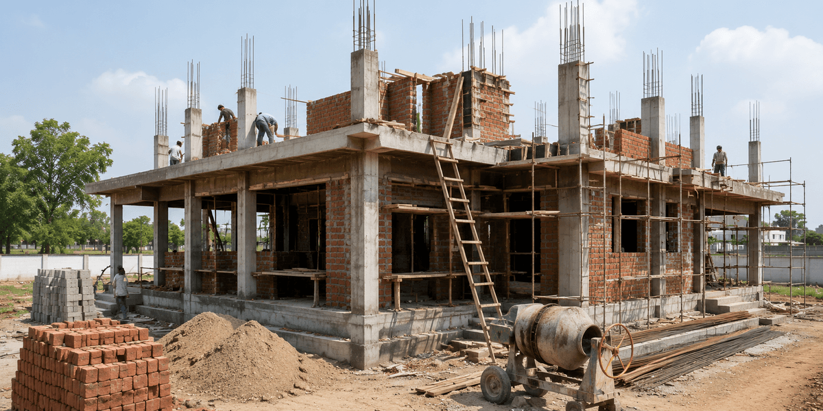 Active construction site with workers