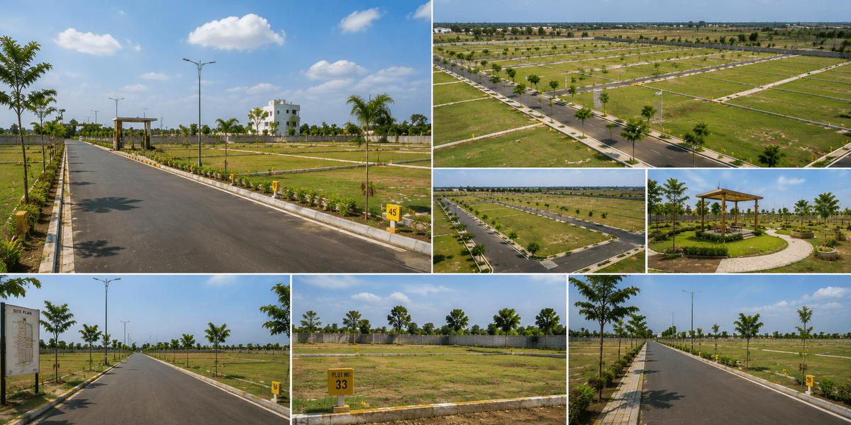 Planned township layout with internal roads and demarcated plots