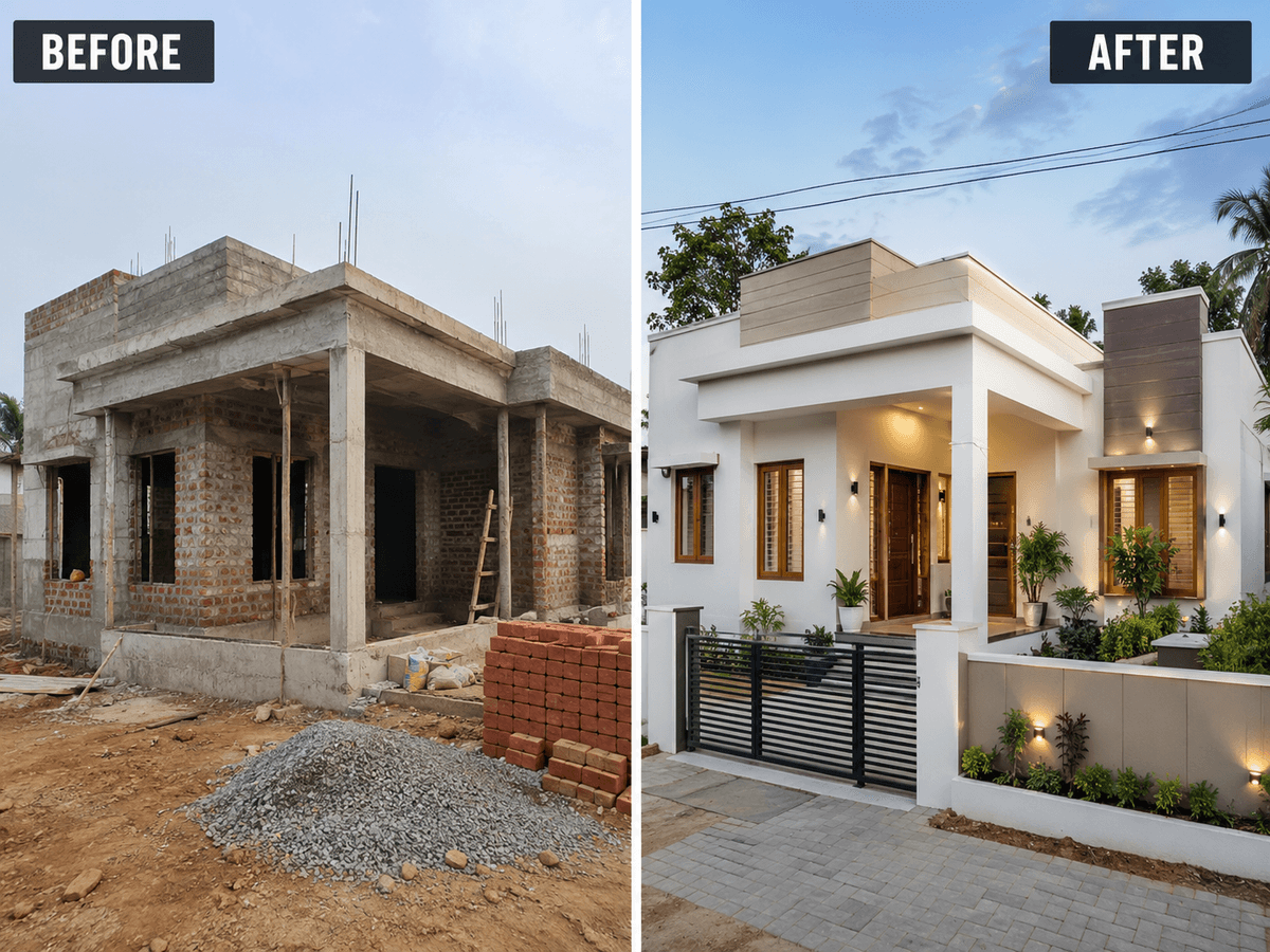 Before and after home renovation — brick to beautiful